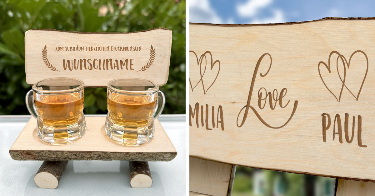 Personalisierte Schnapsbank aus Holz mit Gravur